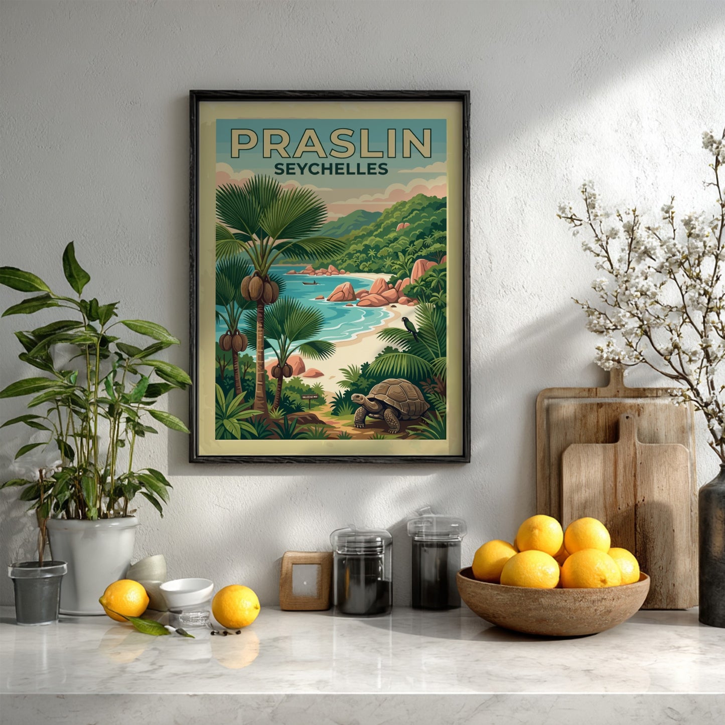 Travel poster of Praslin Seychelles featuring a giant tortoise and lush tropical palm trees.