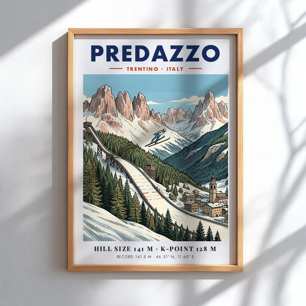 Poster of a ski jumper on a ramp in the Predazzo mountains Italy