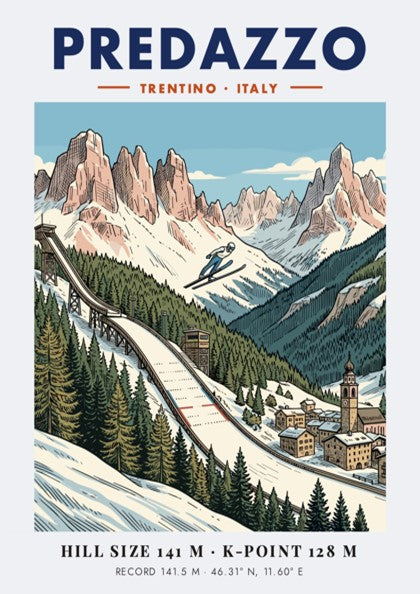 Poster of a ski jumper on a ramp in the Predazzo mountains Italy