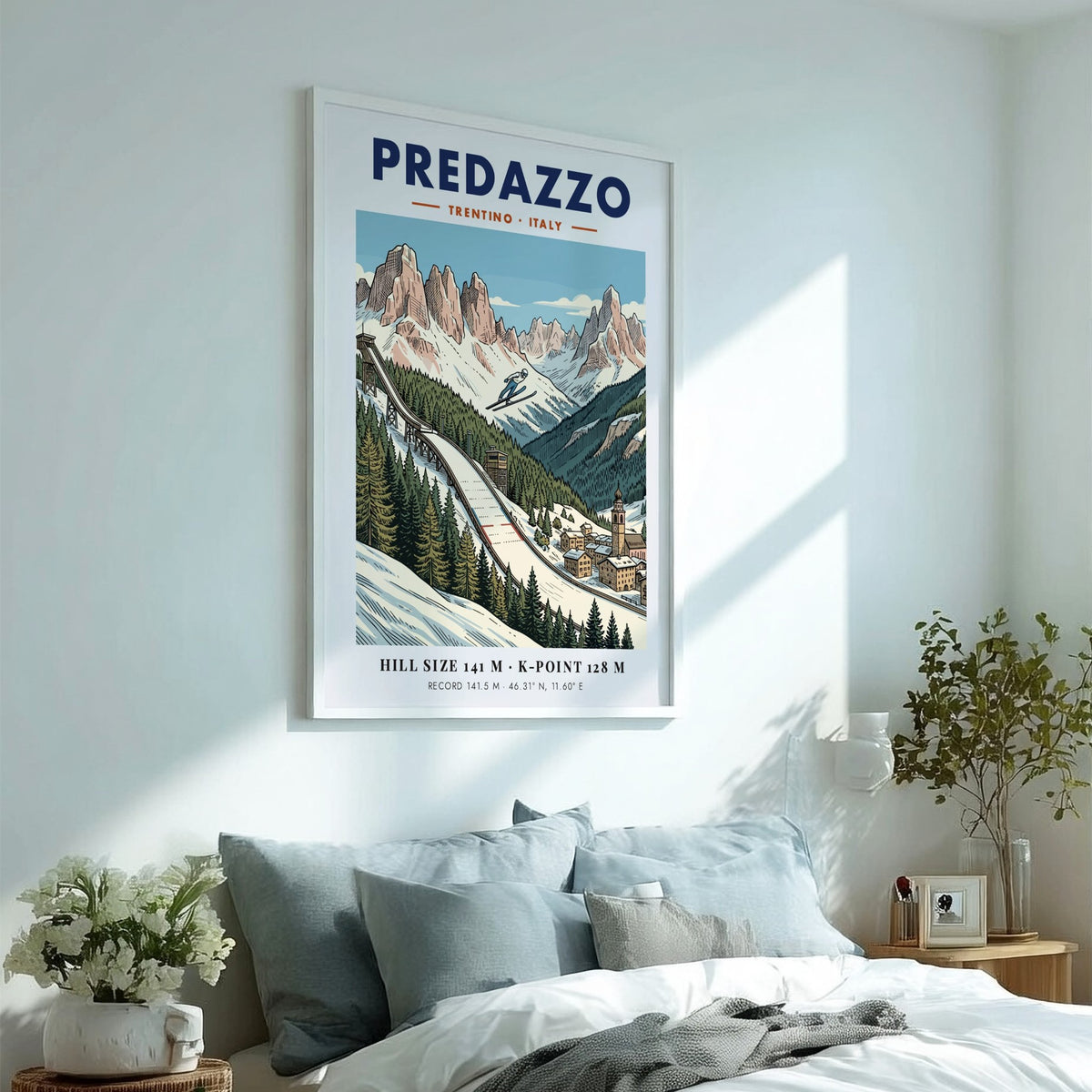 Poster of a ski jumper on a ramp in the Predazzo mountains Italy