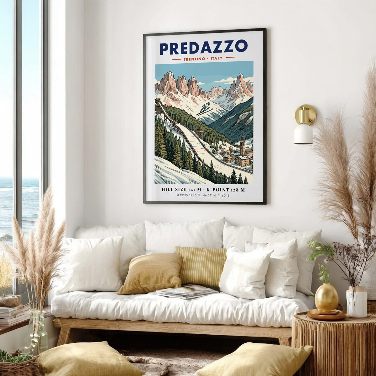 Poster of a ski jumper on a ramp in the Predazzo mountains Italy
