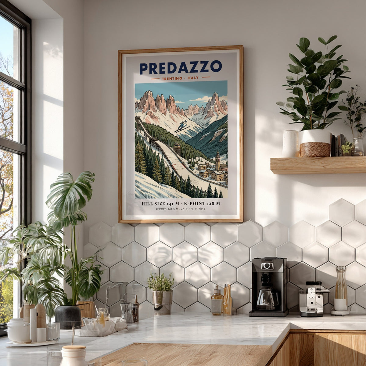 Poster of a ski jumper on a ramp in the Predazzo mountains Italy