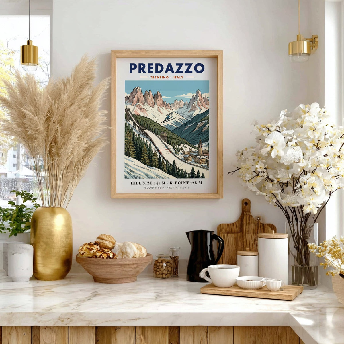 Poster of a ski jumper on a ramp in the Predazzo mountains Italy
