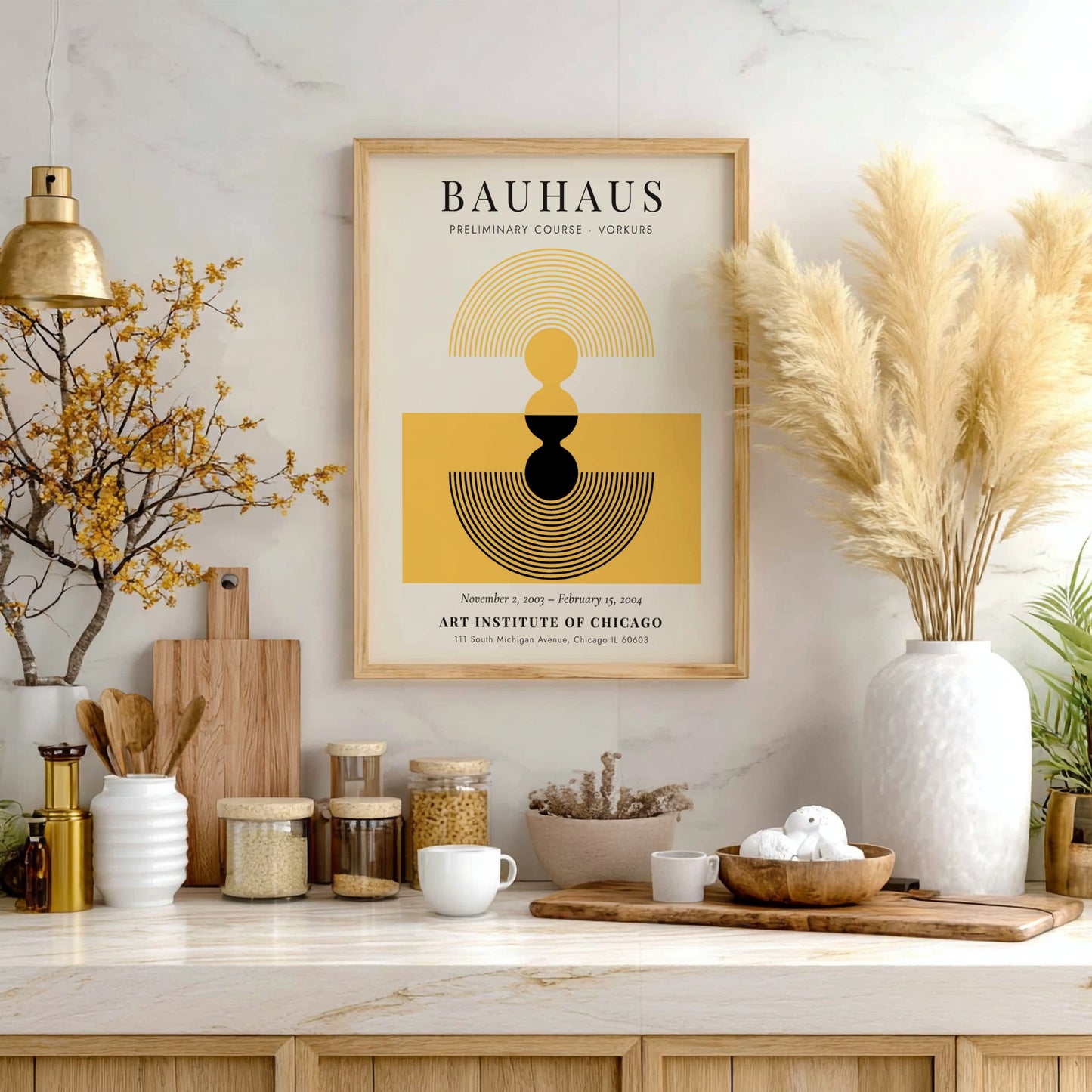 Bauhaus poster featuring abstract design in yellow and black colors
