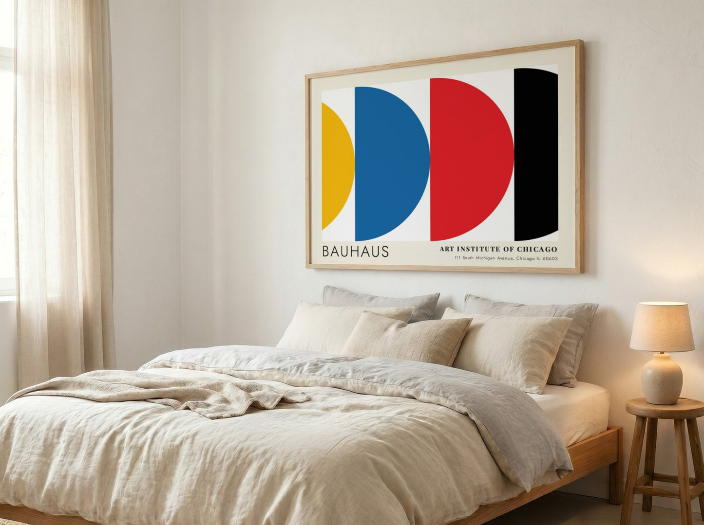 Wall art poster featuring Bauhaus Preliminary Course geometric shapes in primary colors on white.