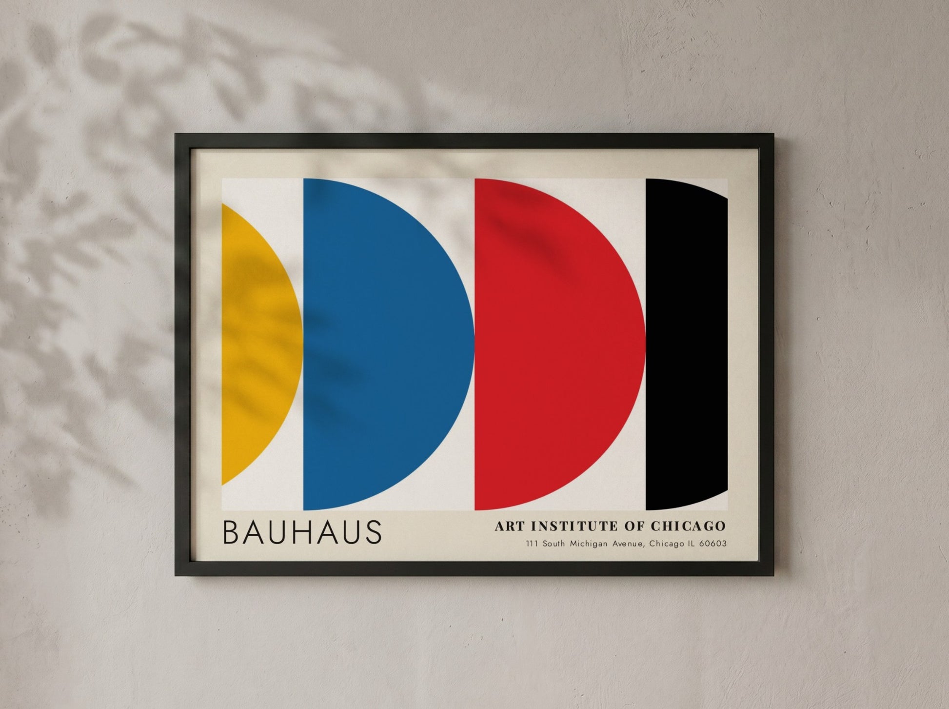 Wall art poster featuring Bauhaus Preliminary Course geometric shapes in primary colors on white.