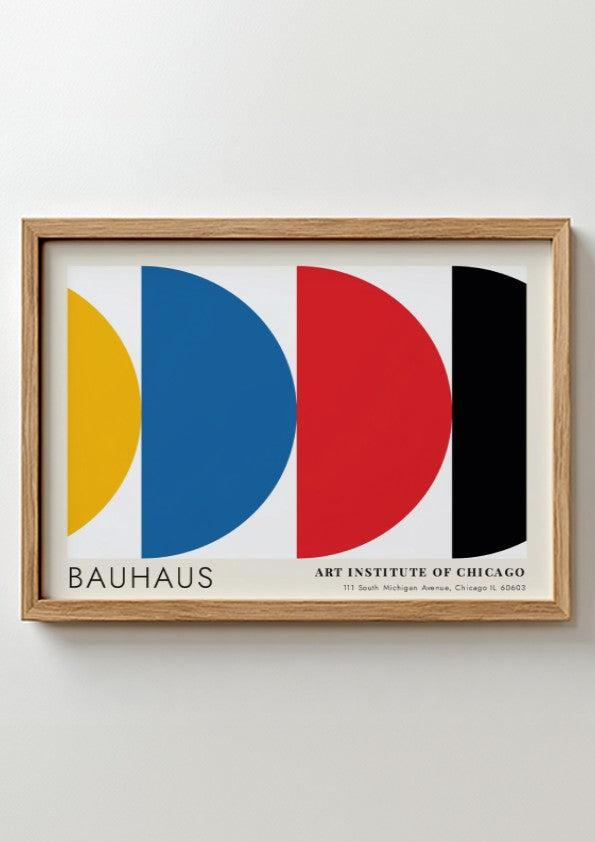 Wall art poster featuring Bauhaus Preliminary Course geometric shapes in primary colors on white.
