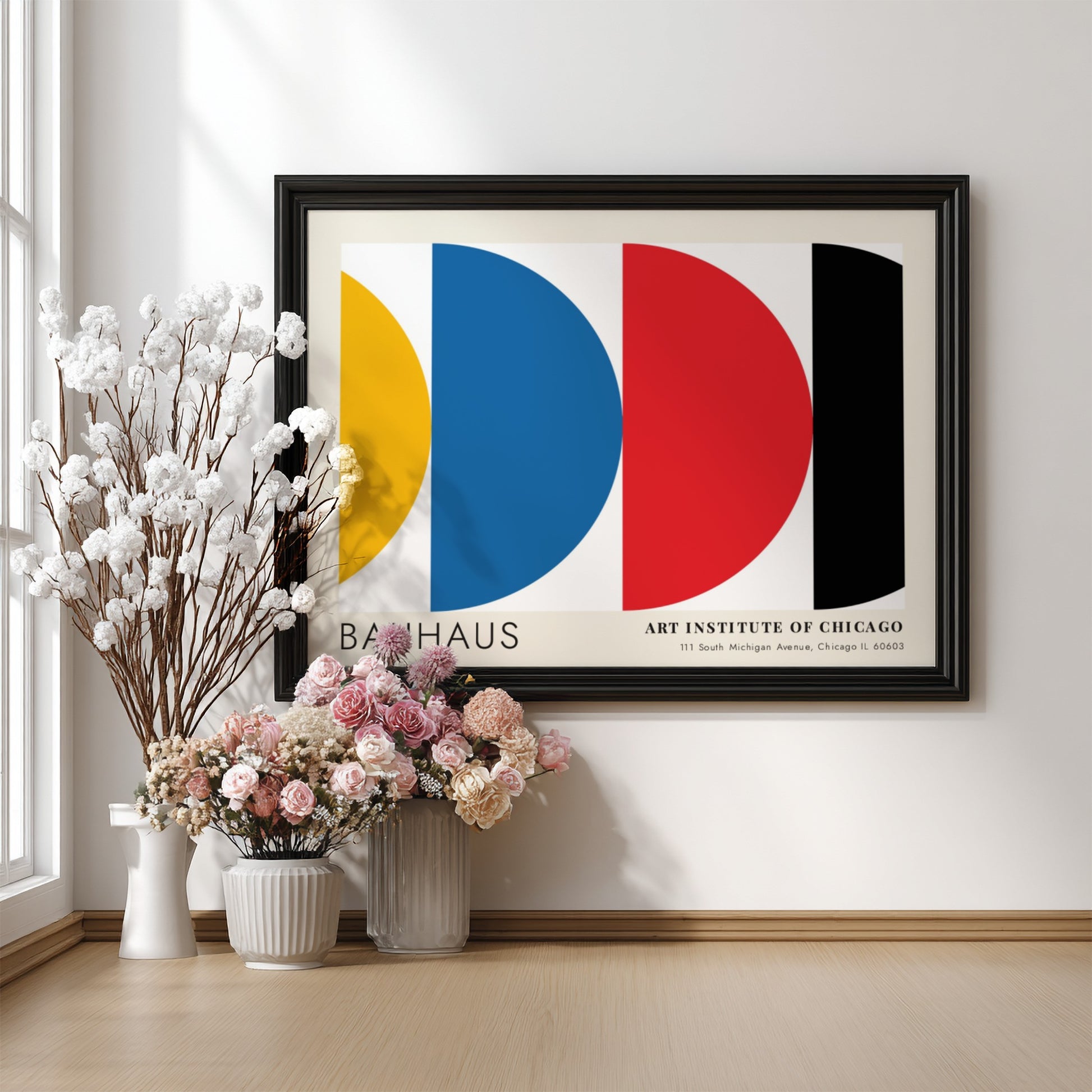 Wall art poster featuring Bauhaus Preliminary Course geometric shapes in primary colors on white.