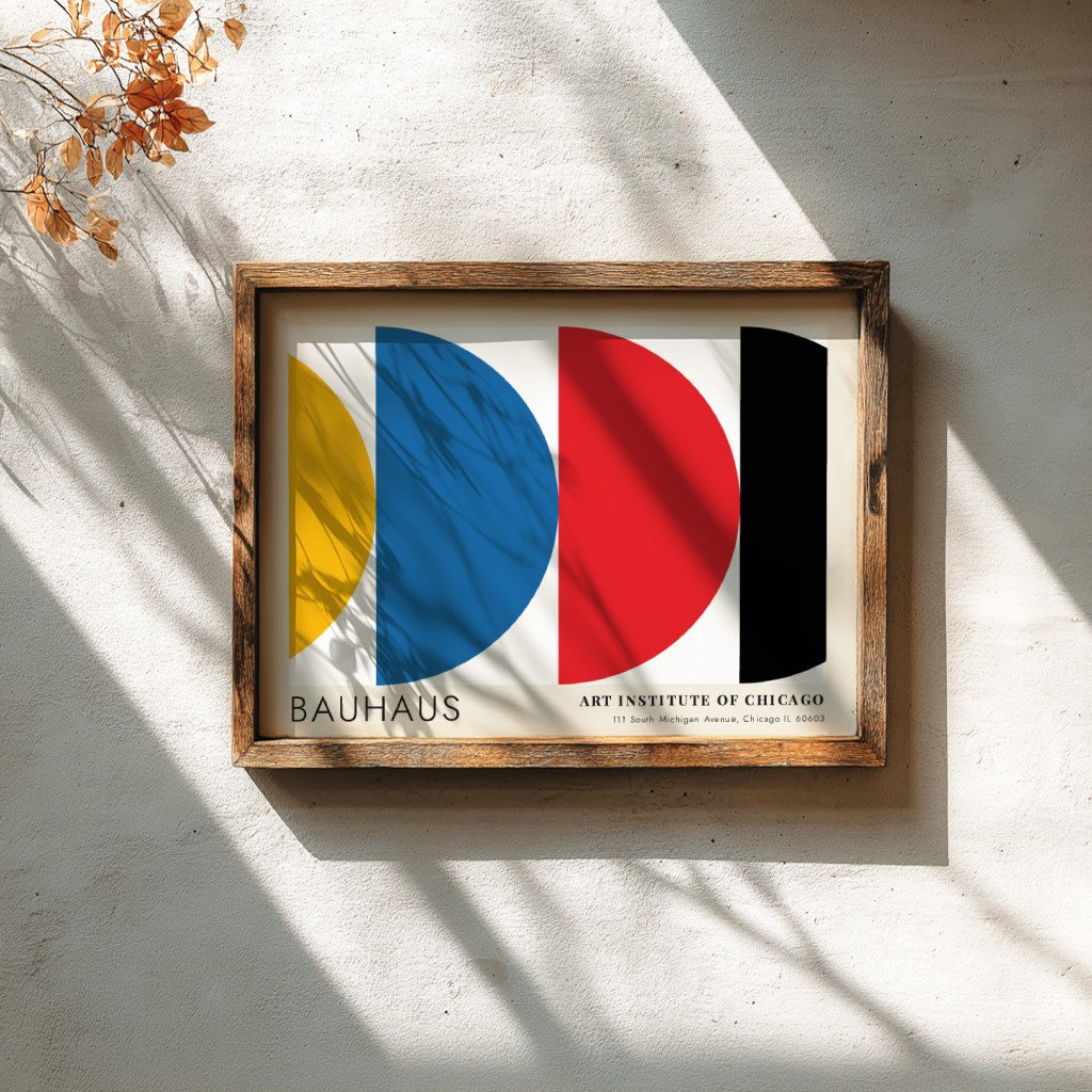 Wall art poster featuring Bauhaus Preliminary Course geometric shapes in primary colors on white.