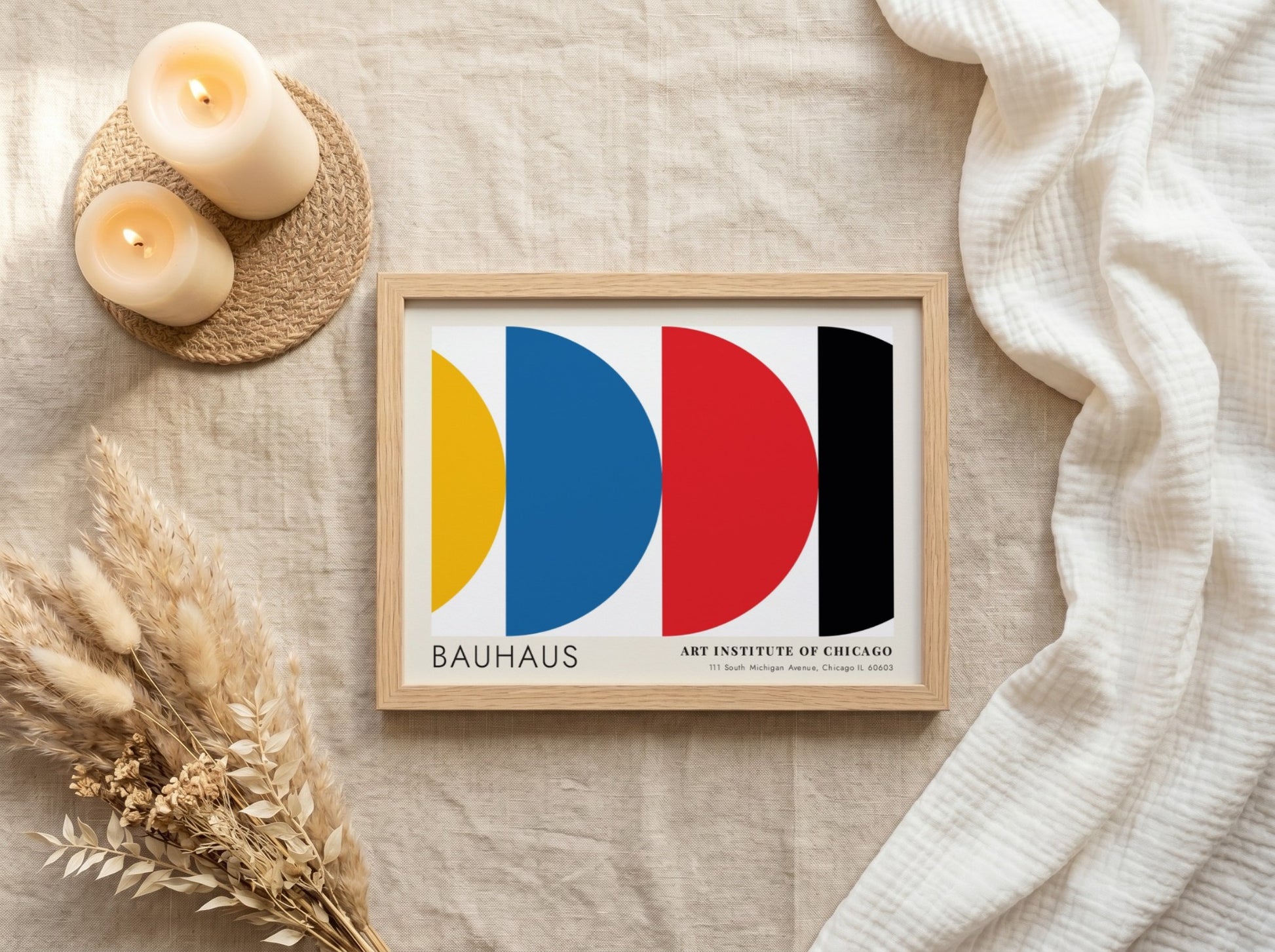 Wall art poster featuring Bauhaus Preliminary Course geometric shapes in primary colors on white.