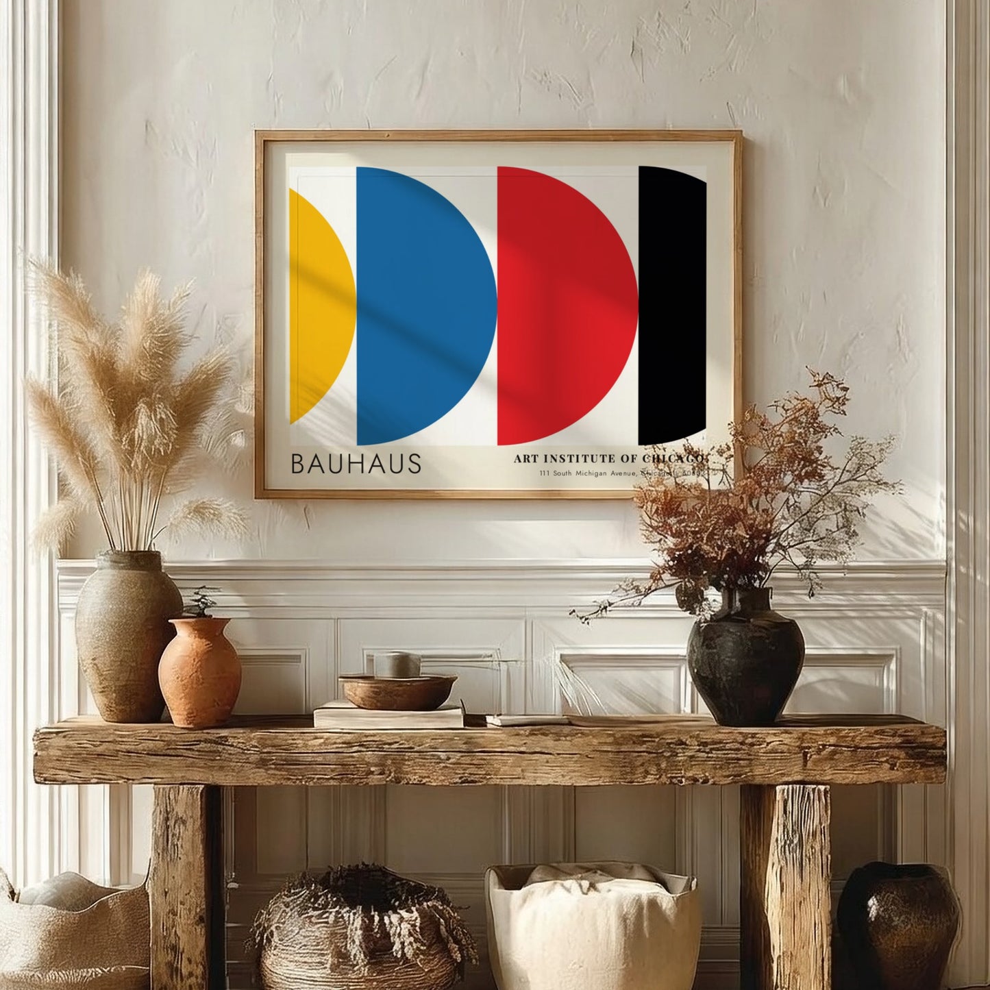 Wall art poster featuring Bauhaus Preliminary Course geometric shapes in primary colors on white.