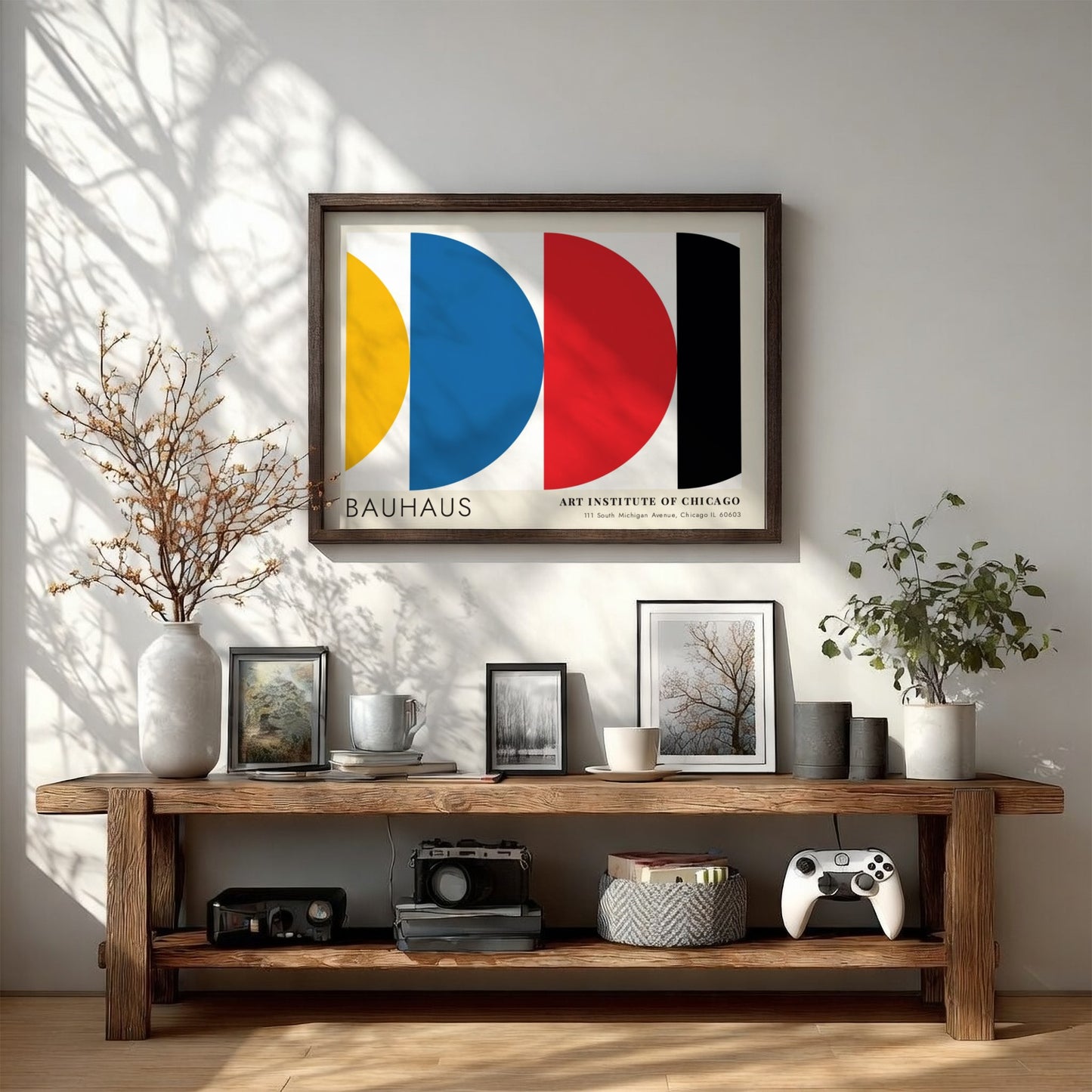 Wall art poster featuring Bauhaus Preliminary Course geometric shapes in primary colors on white.