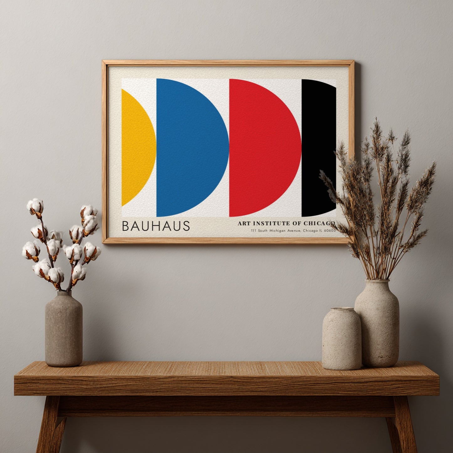 Wall art poster featuring Bauhaus Preliminary Course geometric shapes in primary colors on white.