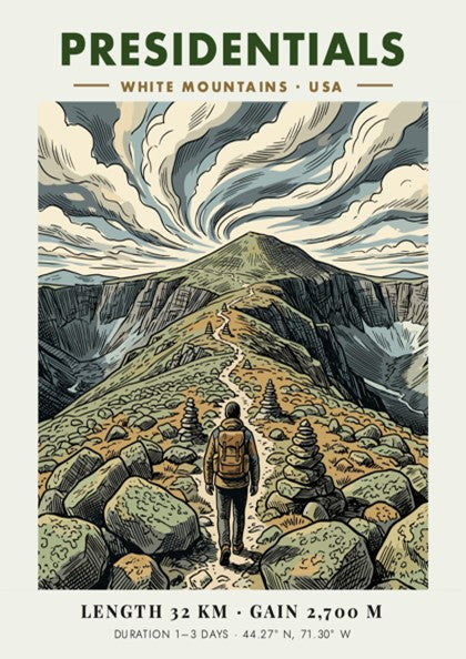 Hiking poster featuring a lone trekker on a rocky ridge in the mountains