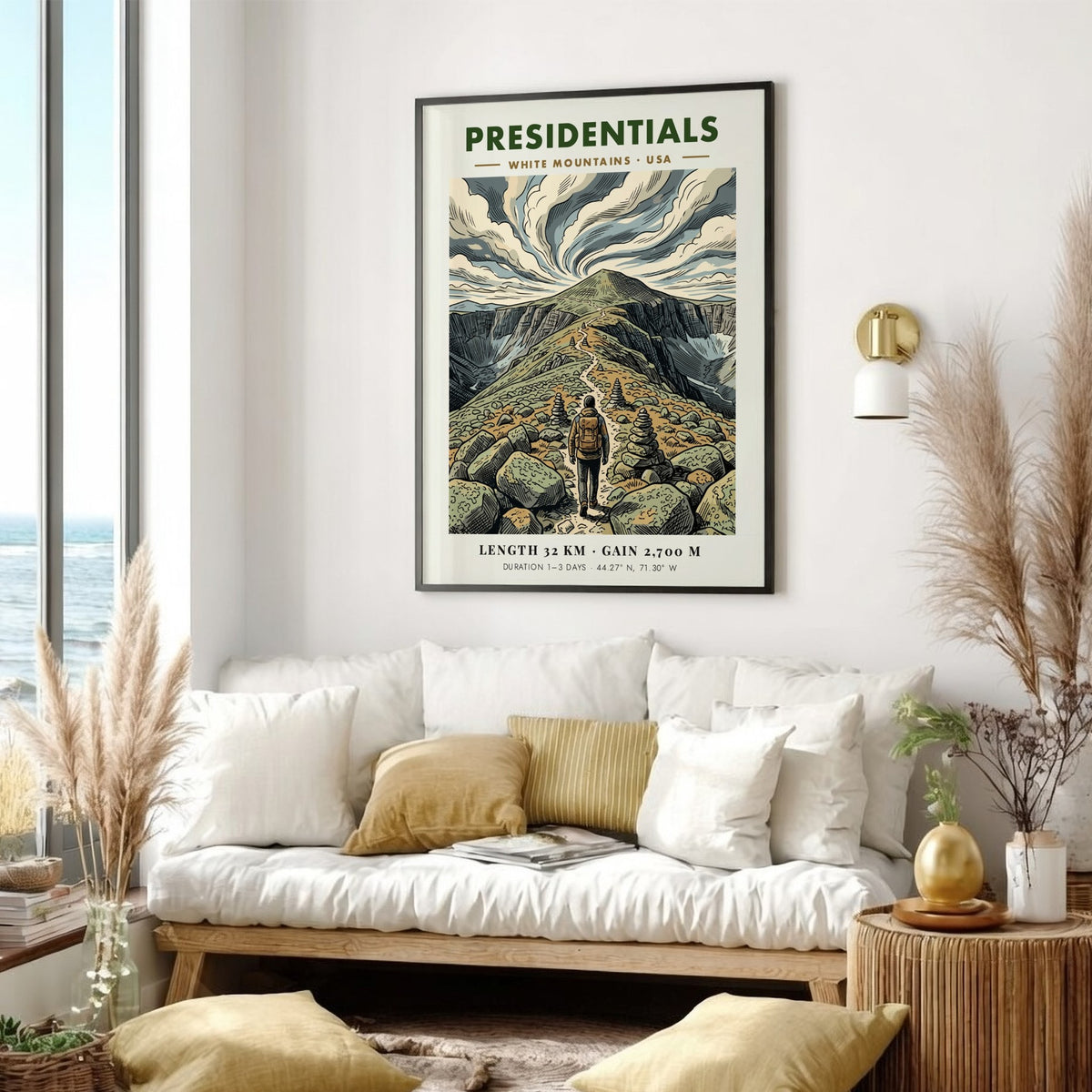 Hiking poster featuring a lone trekker on a rocky ridge in the mountains