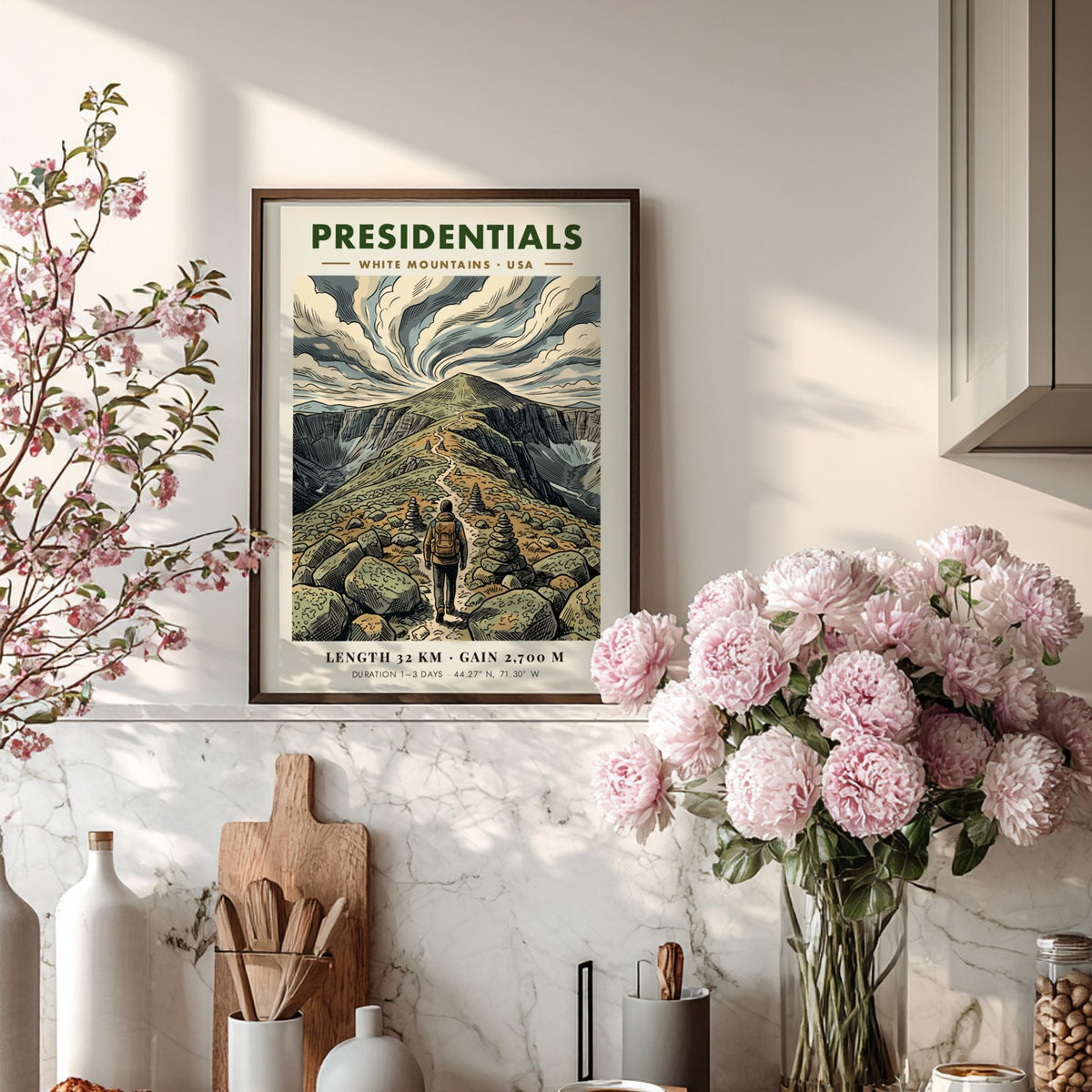 Hiking poster featuring a lone trekker on a rocky ridge in the mountains