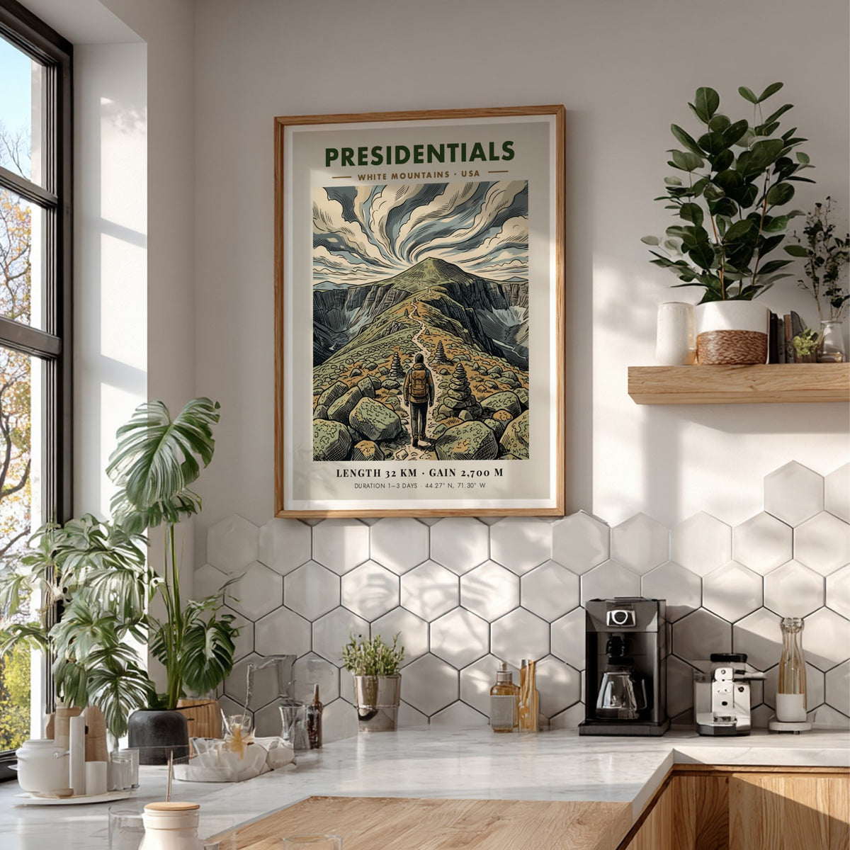 Hiking poster featuring a lone trekker on a rocky ridge in the mountains