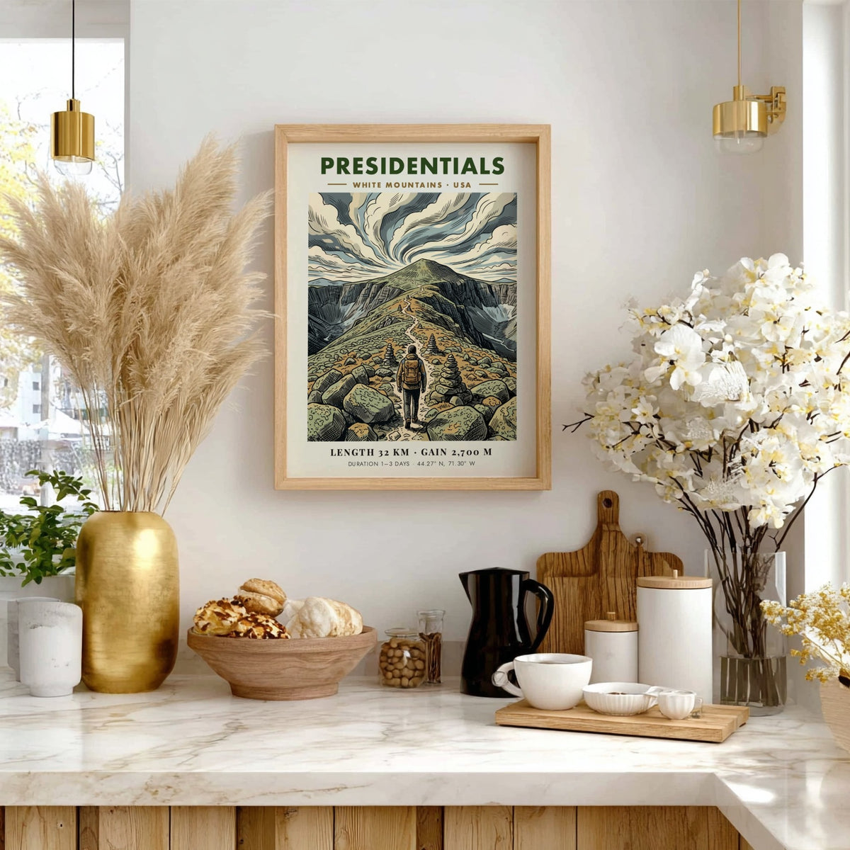 Hiking poster featuring a lone trekker on a rocky ridge in the mountains