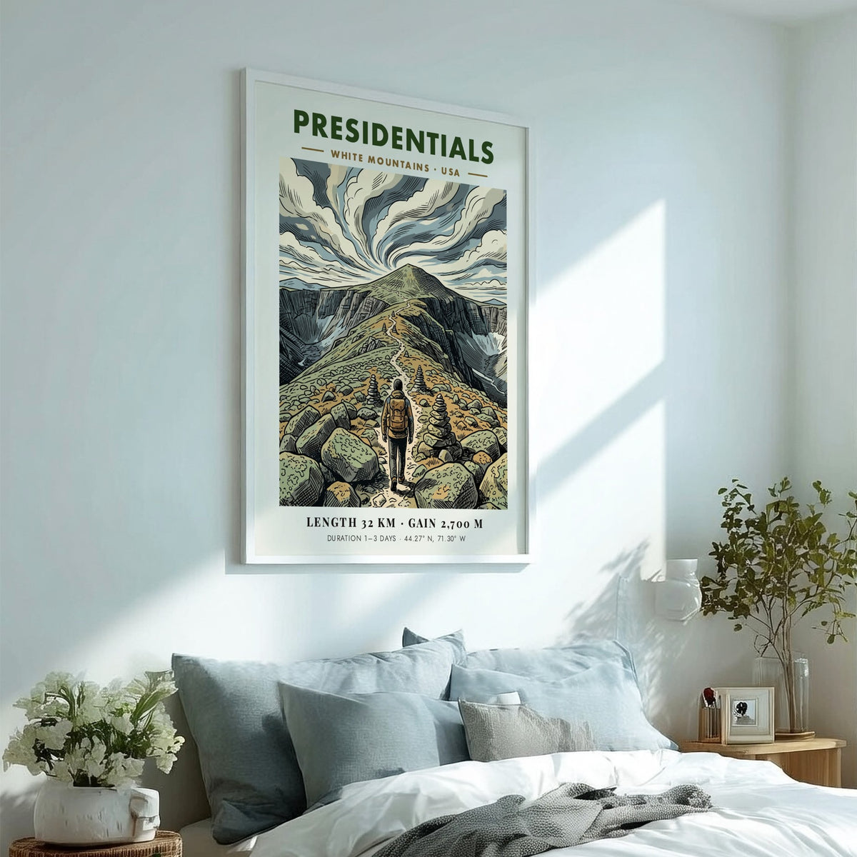 Hiking poster featuring a lone trekker on a rocky ridge in the mountains