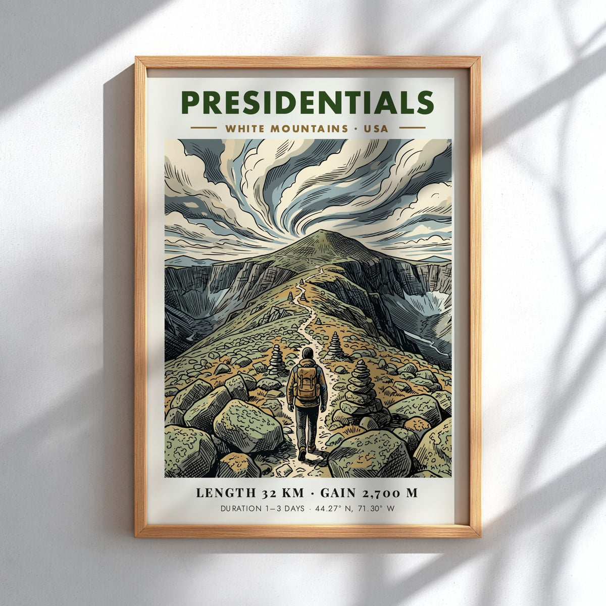Hiking poster featuring a lone trekker on a rocky ridge in the mountains