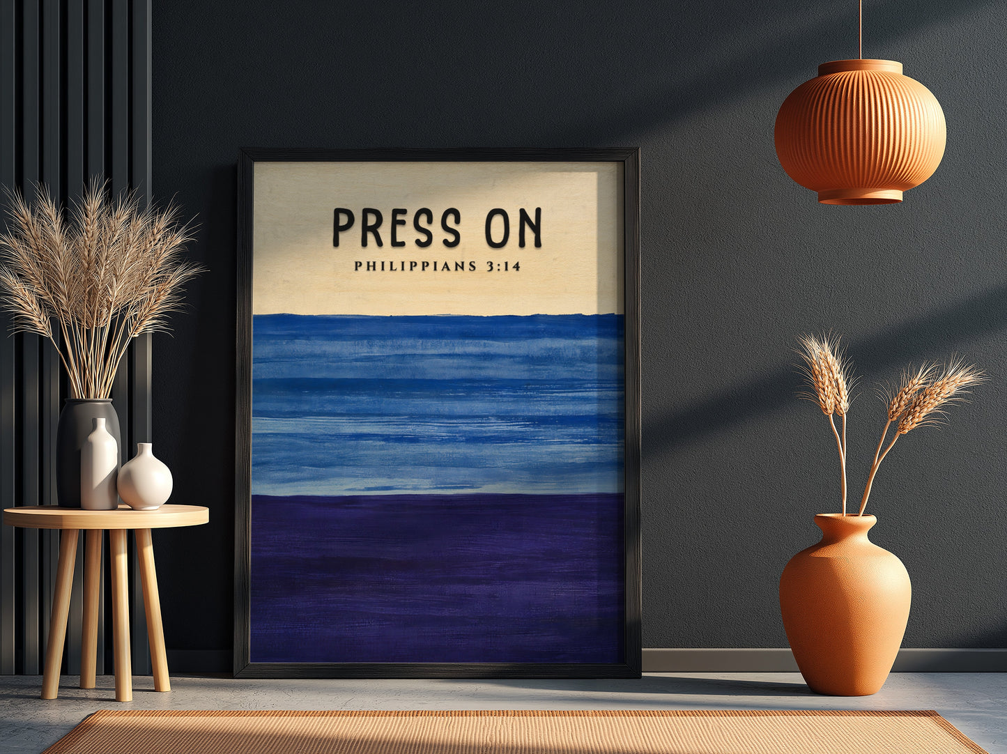 Inspirational poster featuring Philippians 3:14 in calming blue and purple hues, perfect for motivation and