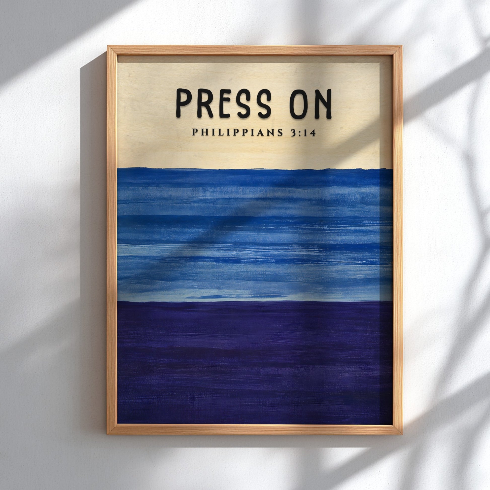 Inspirational poster featuring Philippians 3:14 in calming blue and purple hues, perfect for motivation and