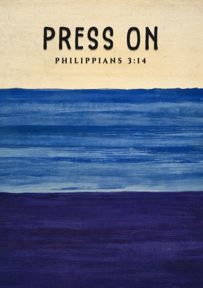 Inspirational poster featuring Philippians 3:14 in calming blue and purple hues, perfect for motivation and