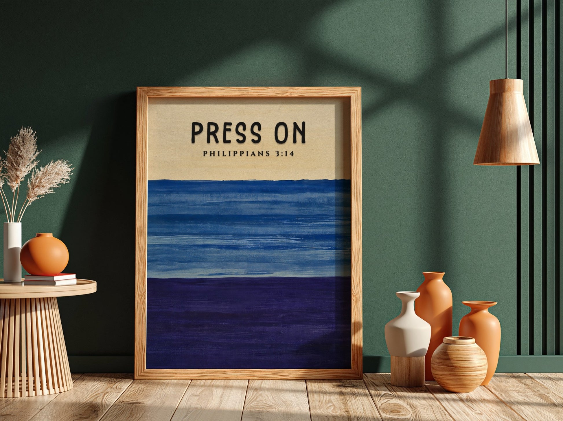 Inspirational poster featuring Philippians 3:14 in calming blue and purple hues, perfect for motivation and