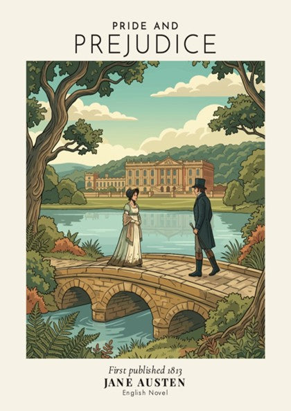 Poster of Pride and Prejudice featuring a couple on a bridge near an estate.