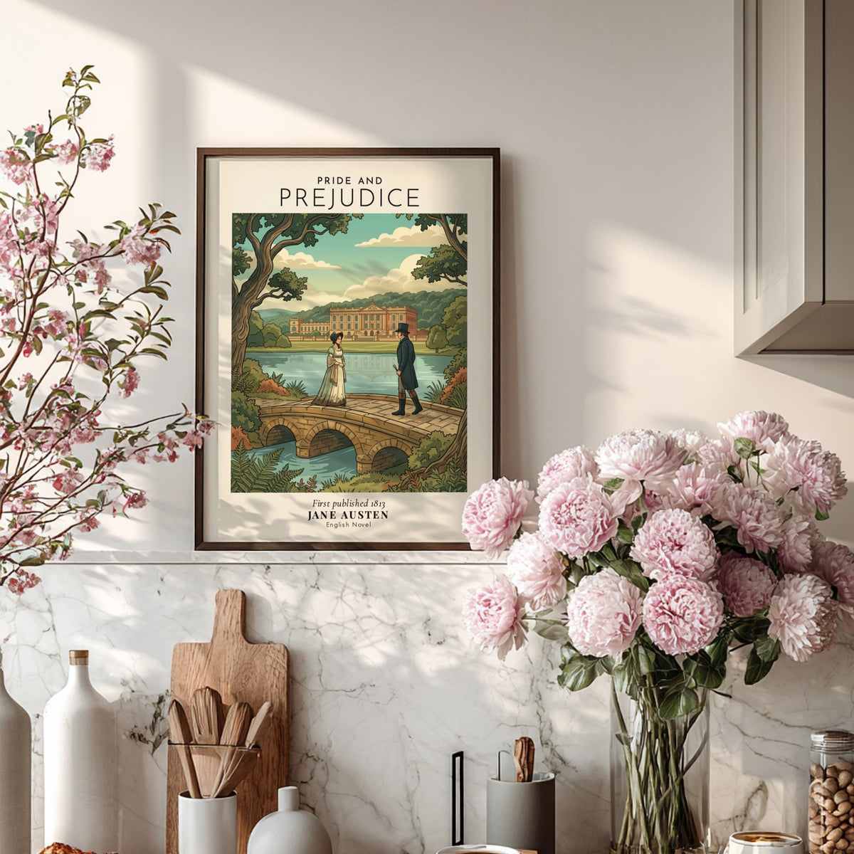 Poster of Pride and Prejudice featuring a couple on a bridge near an estate.