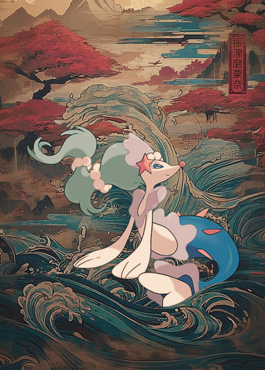 Primarina Pokemon in a stylized landscape with mountains and trees.