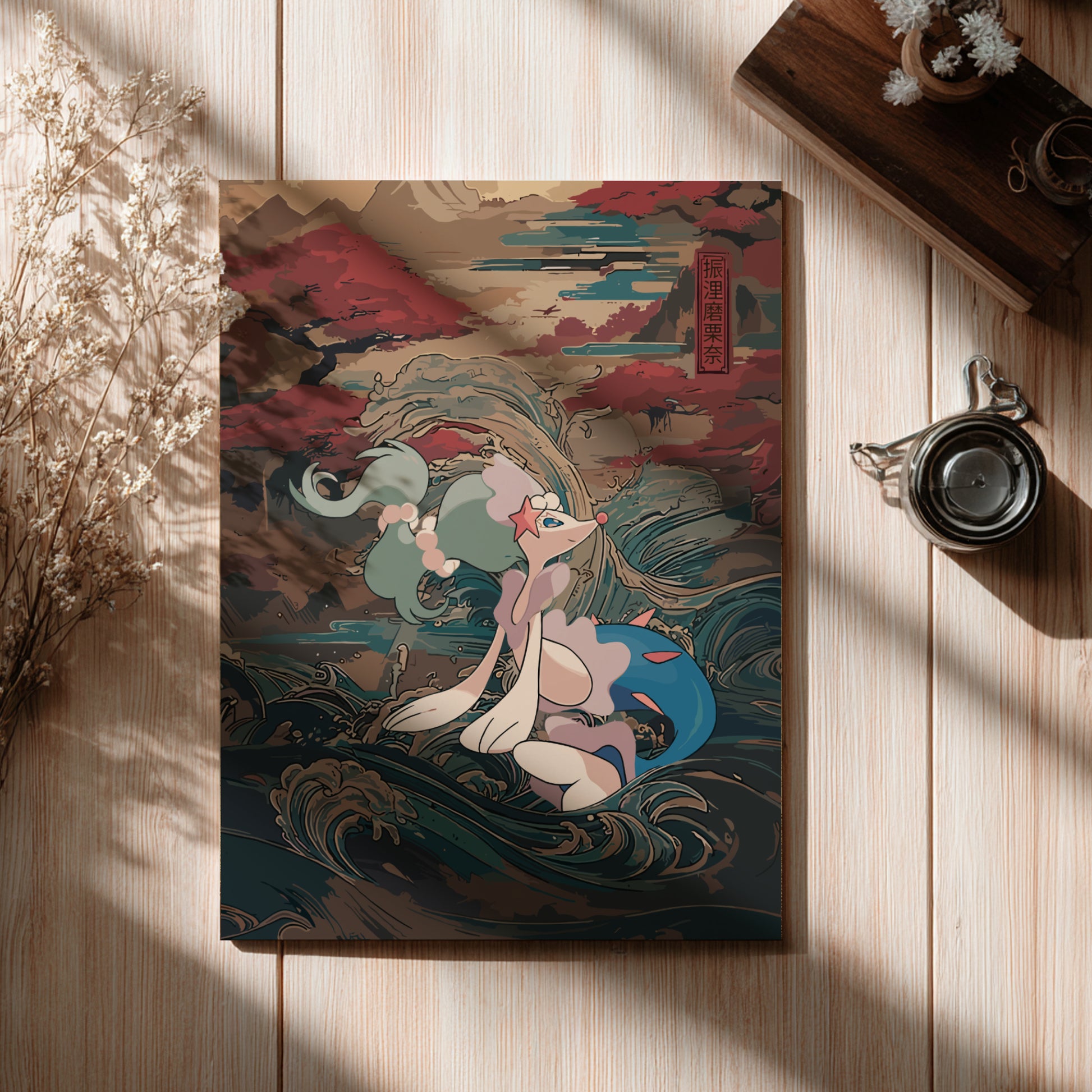Decorative poster with a Primarina Pokemon illustration on a wooden surface
