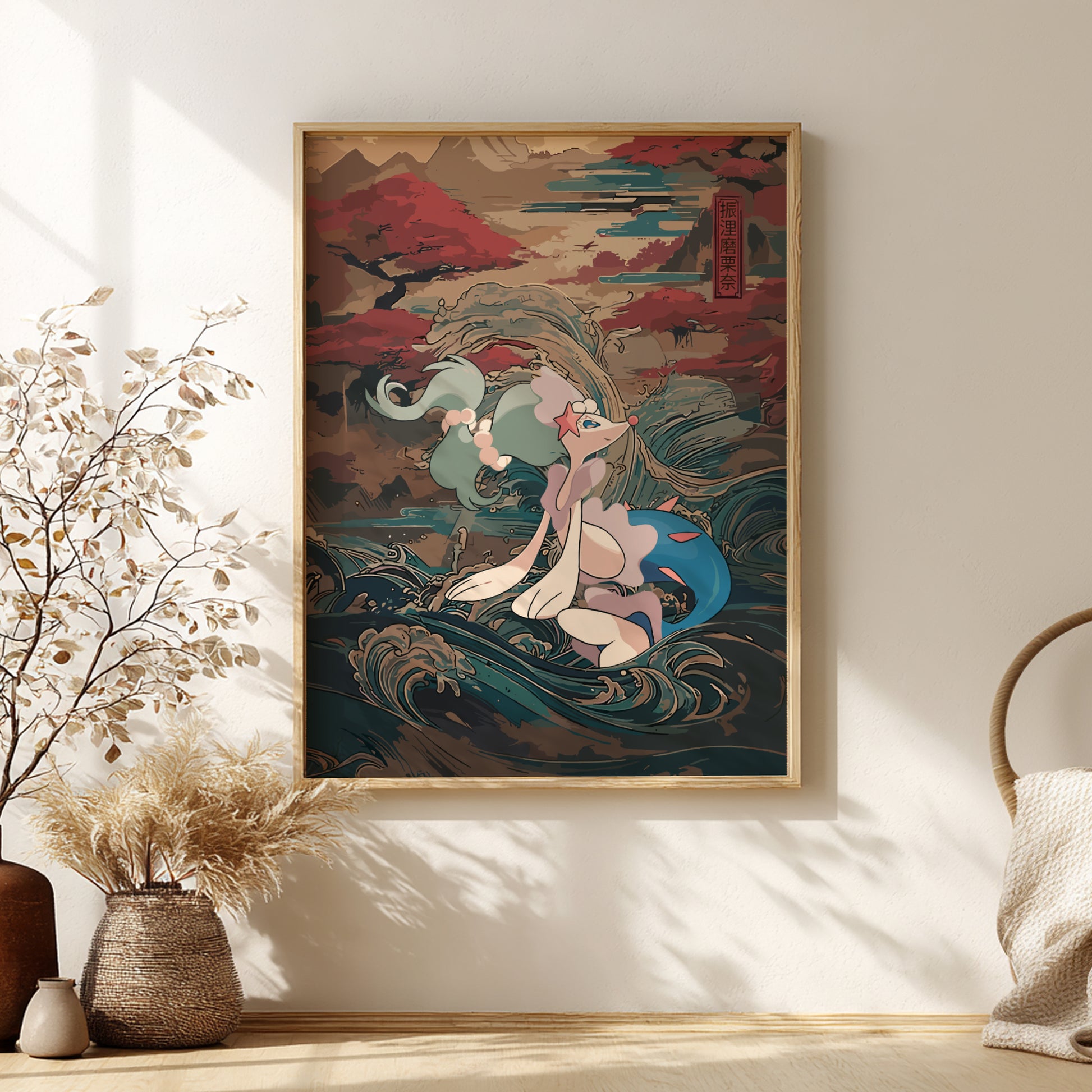 Framed artwork of a stylized Primarina Pokemon in a dynamic pose on a wall with decorative elements.