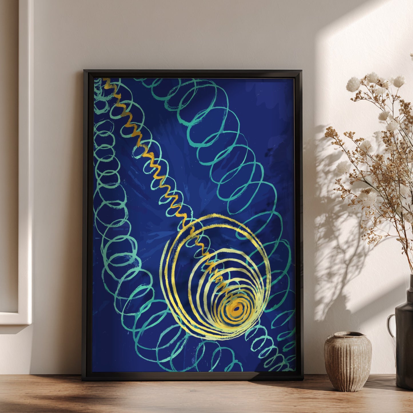 Hilma af Klint "Primordial Chaos" poster featuring abstract teal and yellow swirls on a blue background.