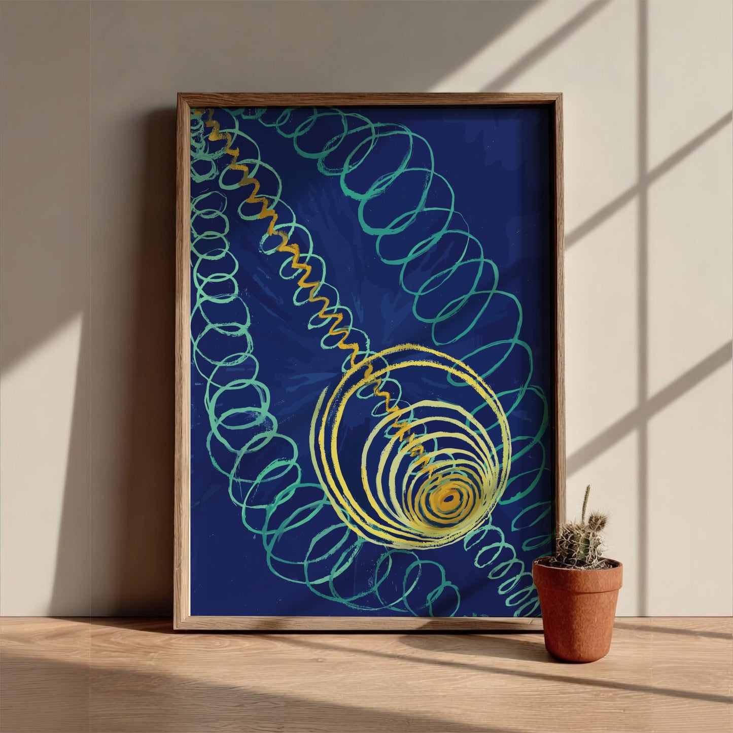 Hilma af Klint "Primordial Chaos" poster featuring abstract teal and yellow swirls on a blue background.