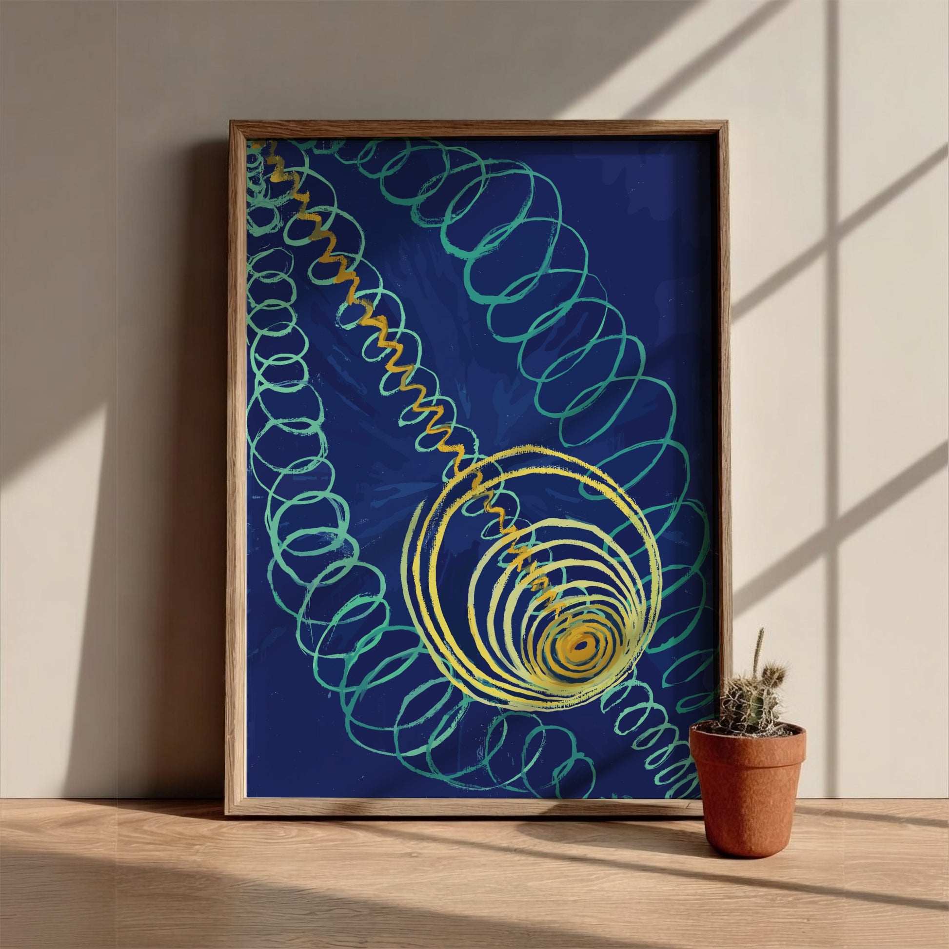 Hilma af Klint "Primordial Chaos" poster featuring abstract teal and yellow swirls on a blue background.