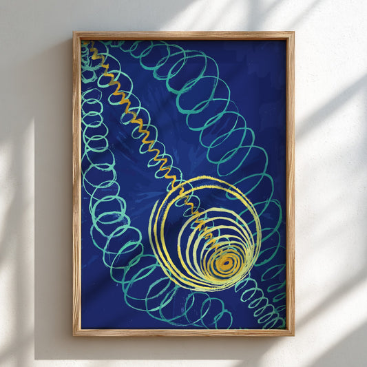 Hilma af Klint "Primordial Chaos" poster featuring abstract teal and yellow swirls on a blue background.
