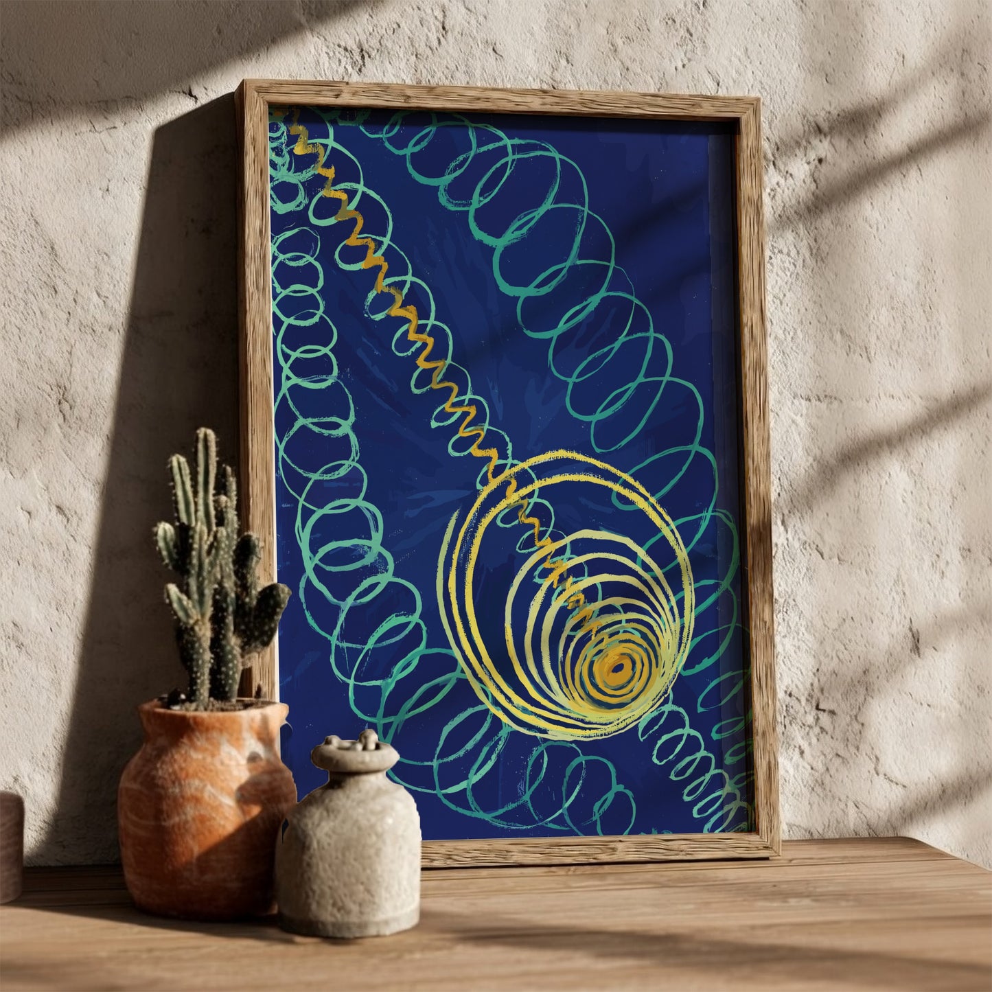 Hilma af Klint "Primordial Chaos" poster featuring abstract teal and yellow swirls on a blue background.