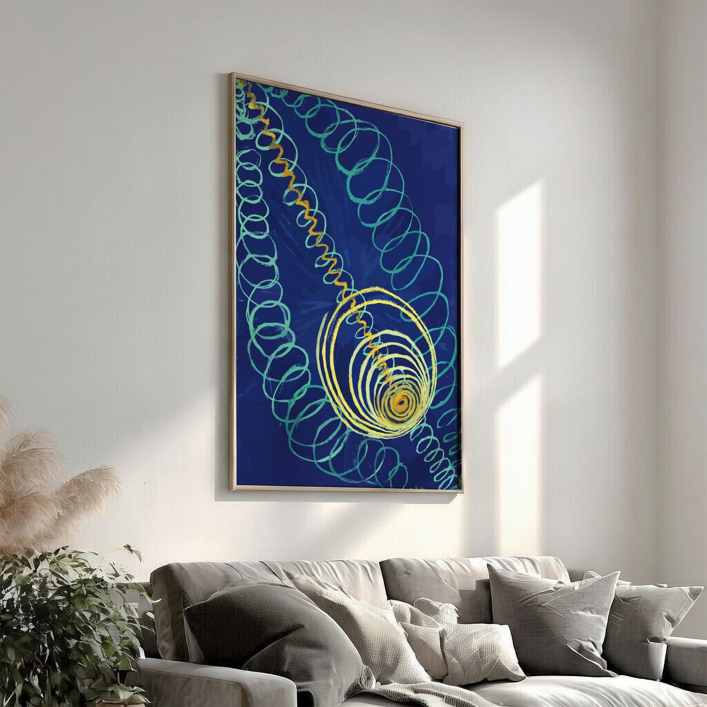 Hilma af Klint "Primordial Chaos" poster featuring abstract teal and yellow swirls on a blue background.