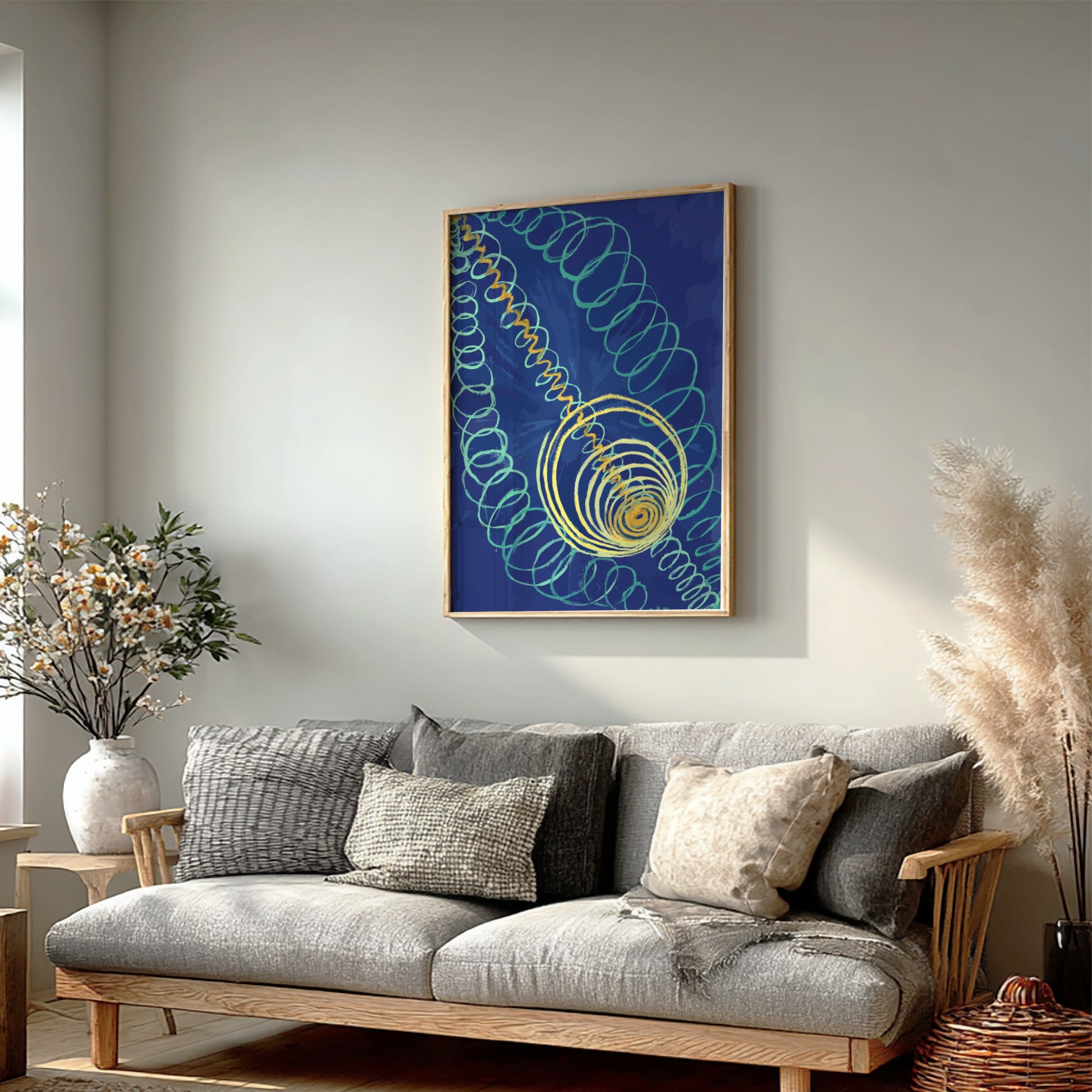 Hilma af Klint "Primordial Chaos" poster featuring abstract teal and yellow swirls on a blue background.