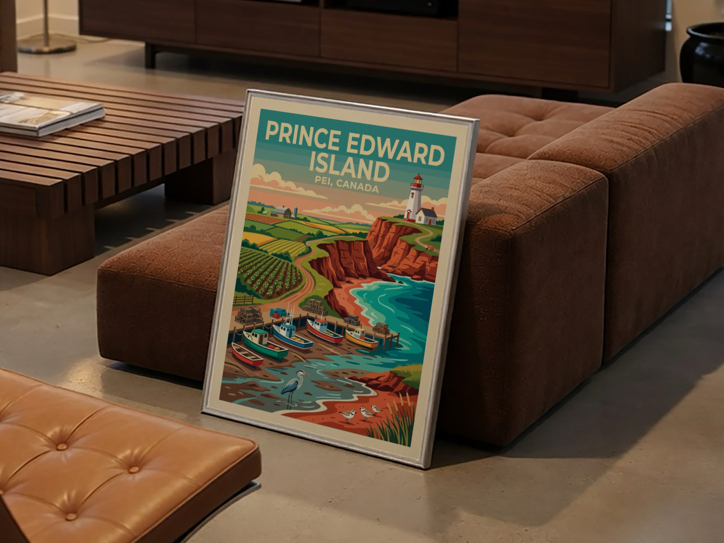 Travel poster of Prince Edward Island showing a lighthouse, fishing boats, and cliffs.