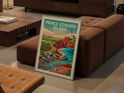 Travel poster of Prince Edward Island showing a lighthouse, fishing boats, and cliffs.