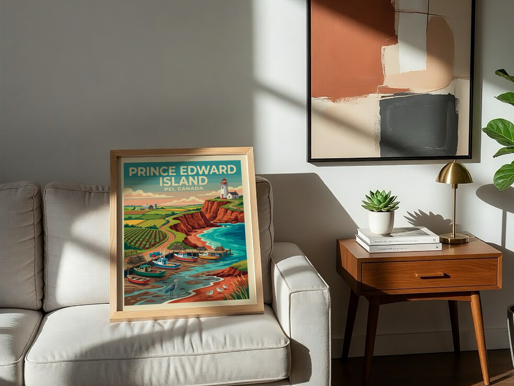 Travel poster of Prince Edward Island showing a lighthouse, fishing boats, and cliffs.