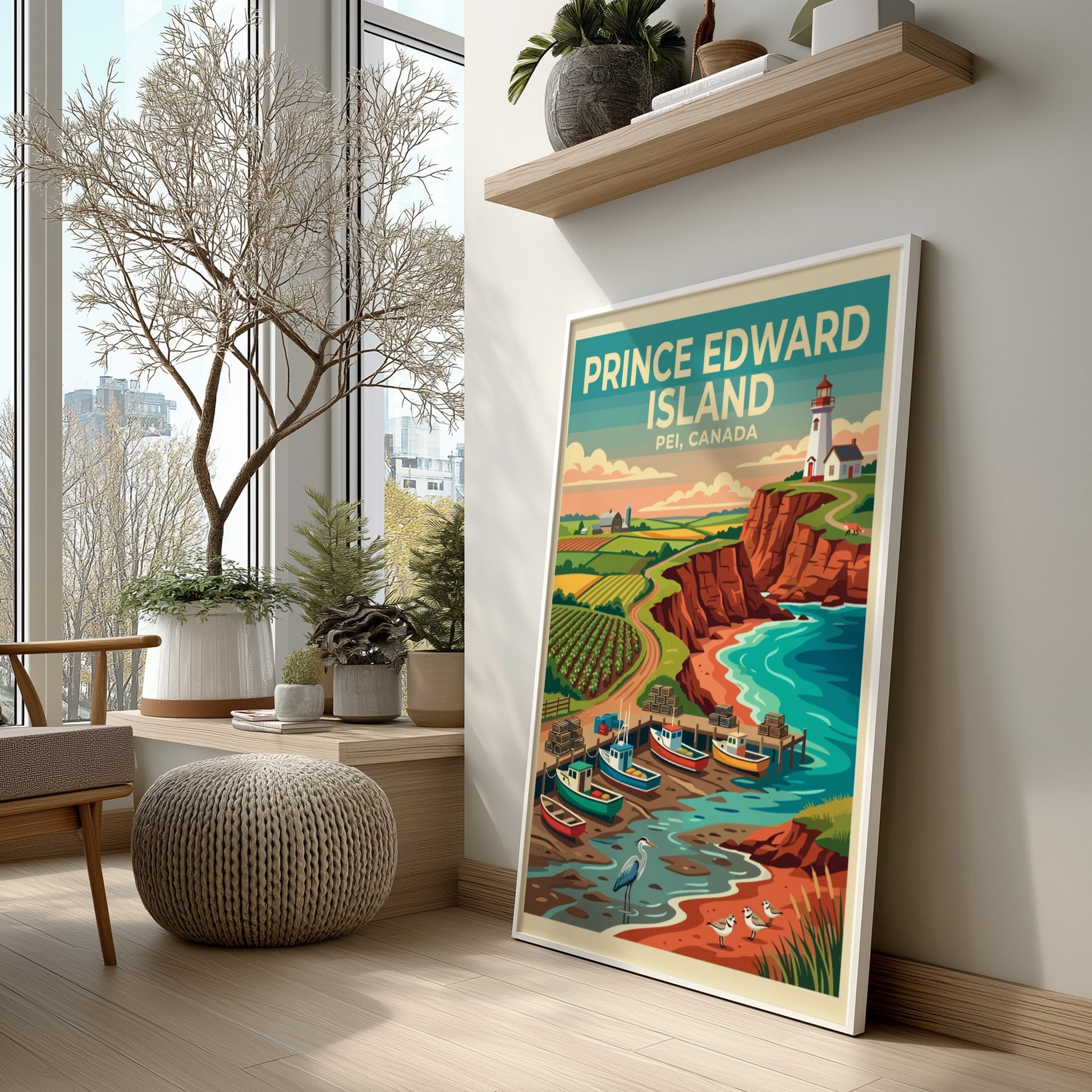 Travel poster of Prince Edward Island showing a lighthouse, fishing boats, and cliffs.