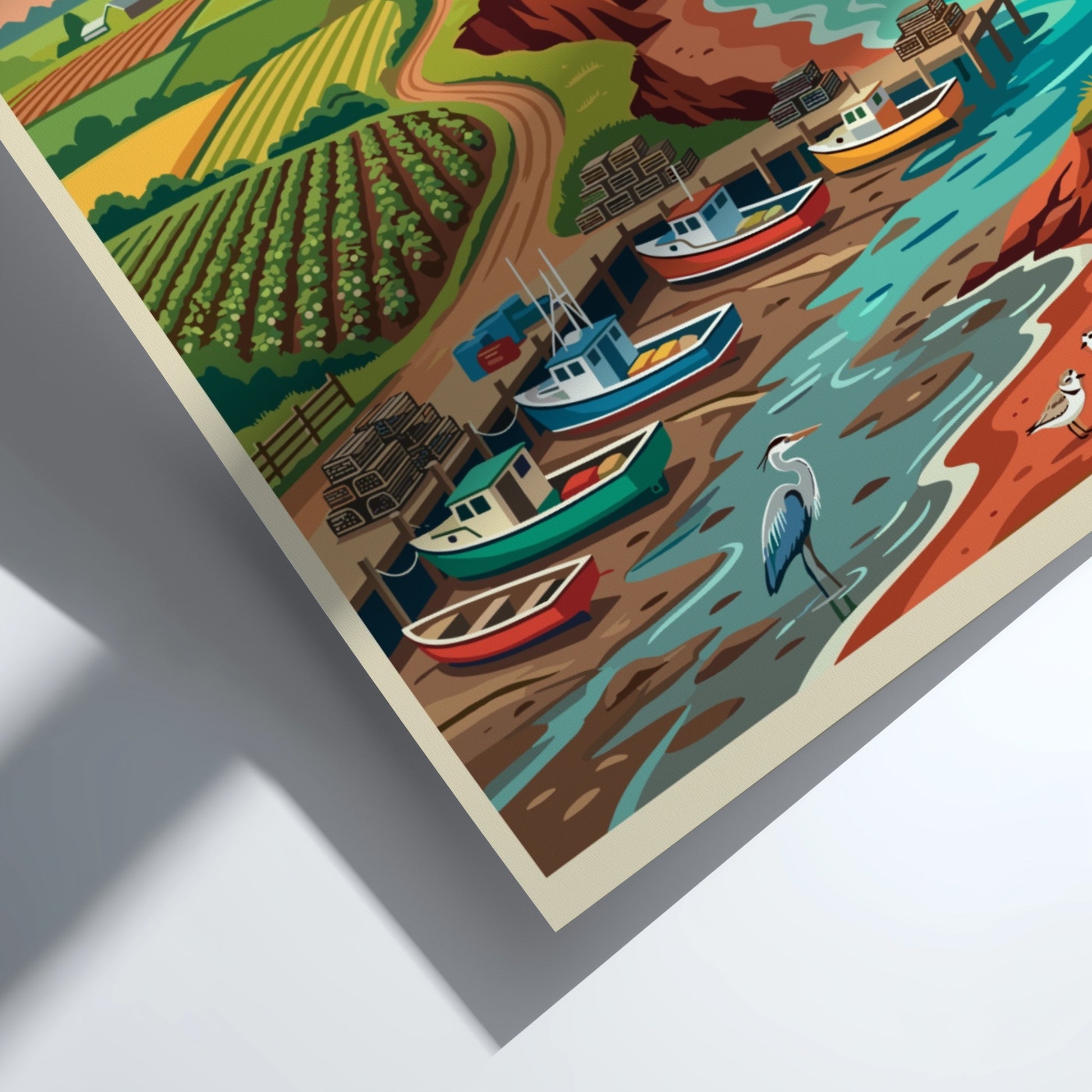 Travel poster of Prince Edward Island showing a lighthouse, fishing boats, and cliffs.