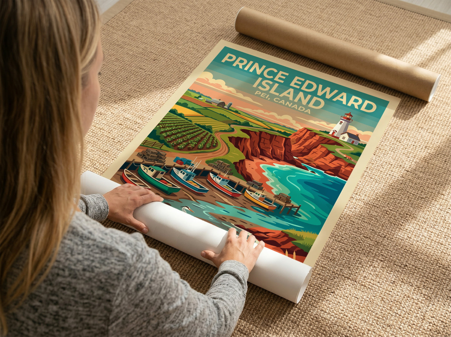 Travel poster of Prince Edward Island showing a lighthouse, fishing boats, and cliffs.