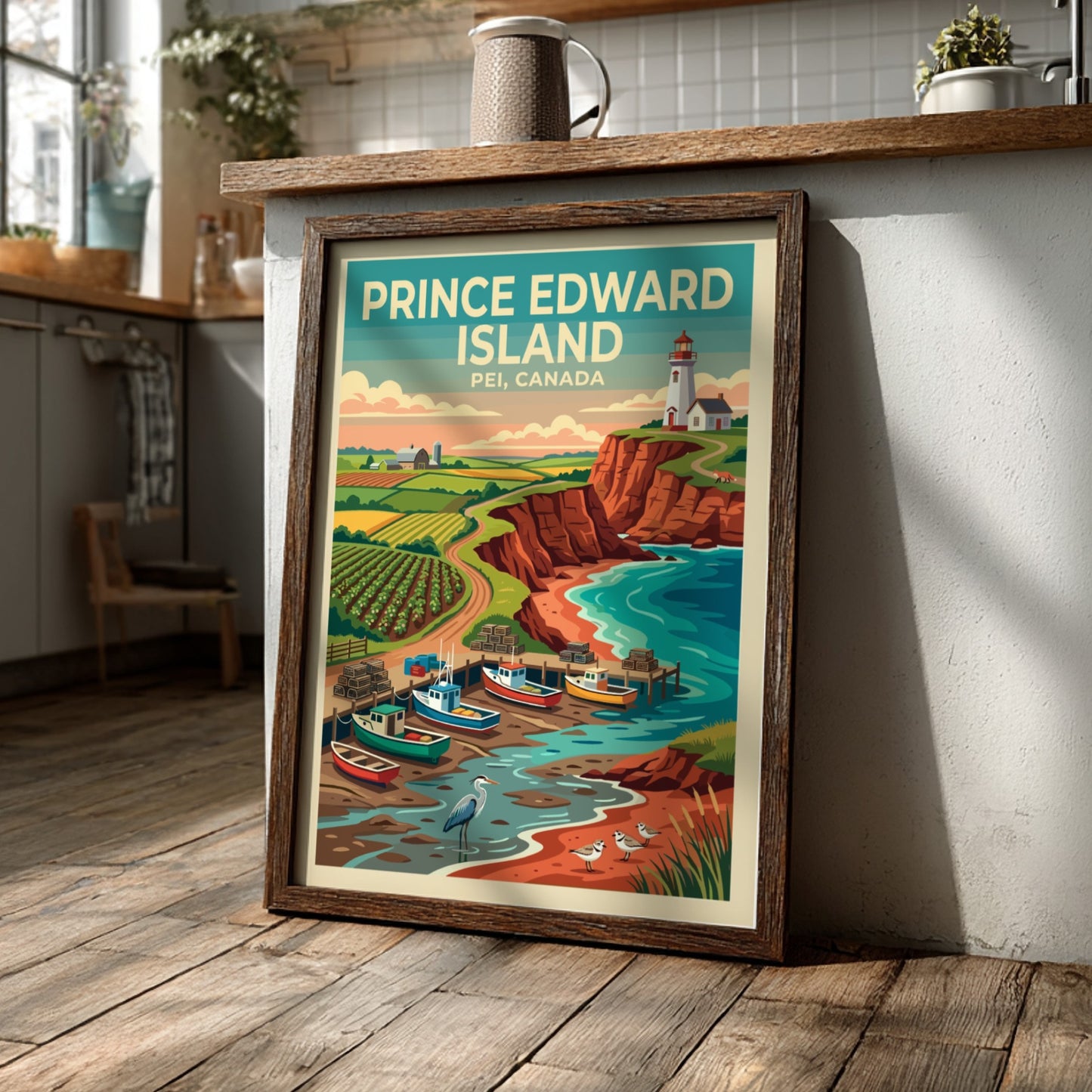 Travel poster of Prince Edward Island showing a lighthouse, fishing boats, and cliffs.