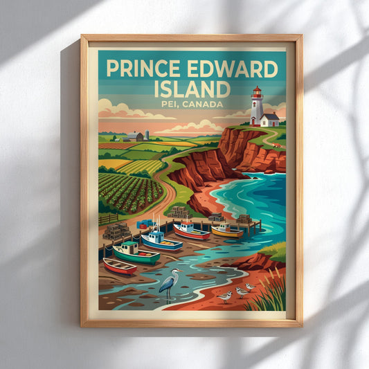 Travel poster of Prince Edward Island showing a lighthouse, fishing boats, and cliffs.