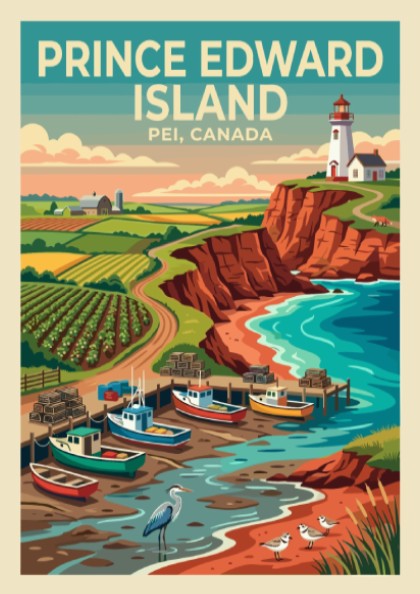 Travel poster of Prince Edward Island showing a lighthouse, fishing boats, and cliffs.