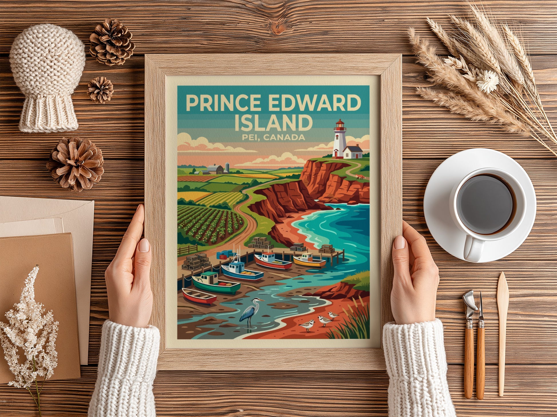Travel poster of Prince Edward Island showing a lighthouse, fishing boats, and cliffs.